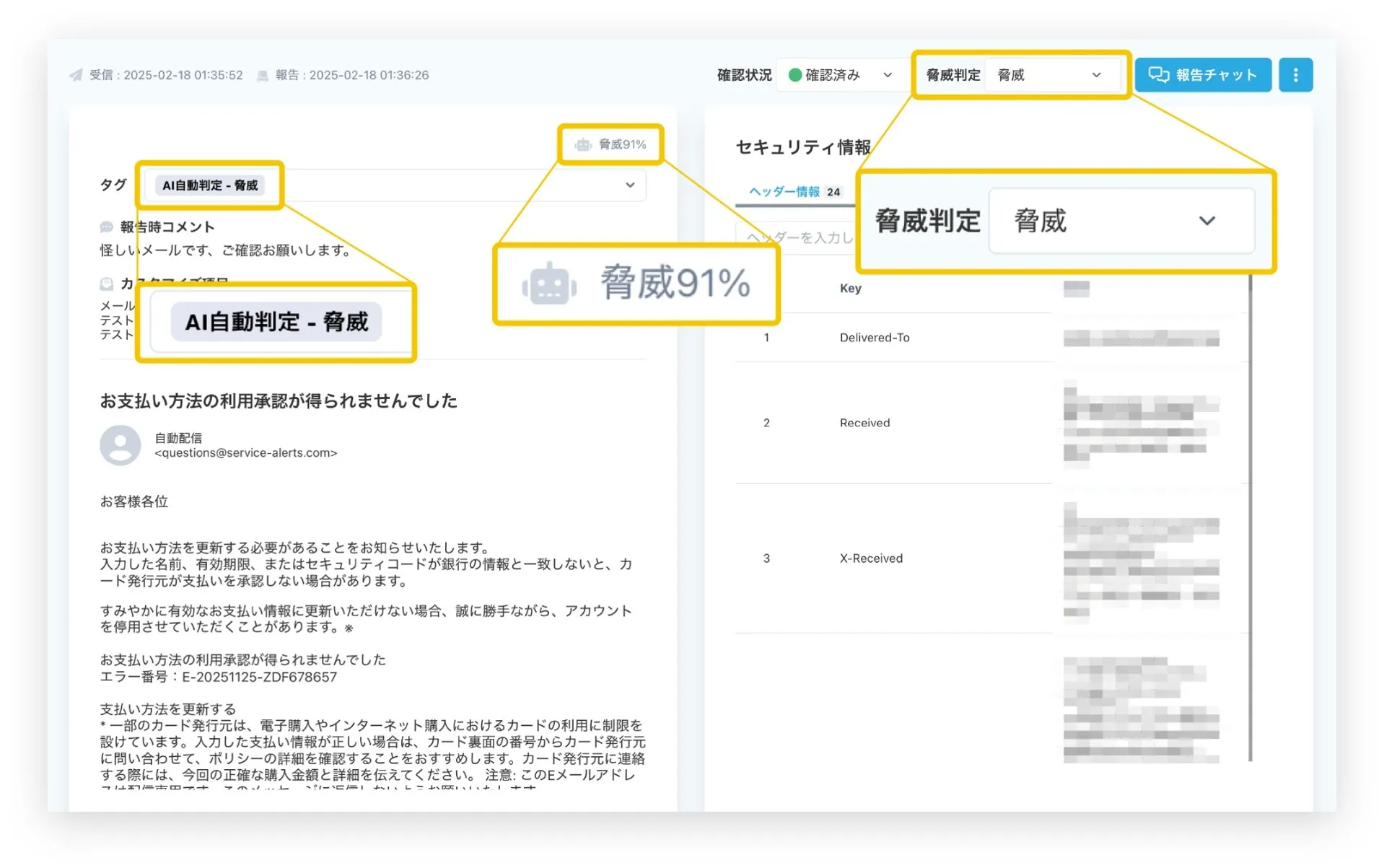 AIによる報告メールの脅威自動判定 ※Advanceプランの機能